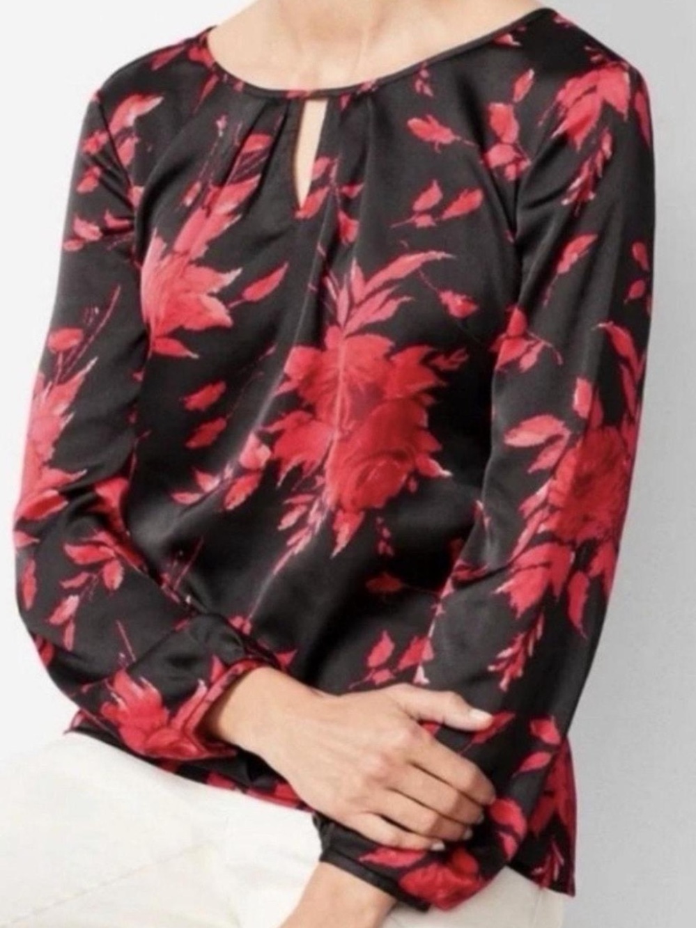 Talbots Black Red Floral Satin Blouse Keyhole Long Sleeves 2X Romantic Feminine